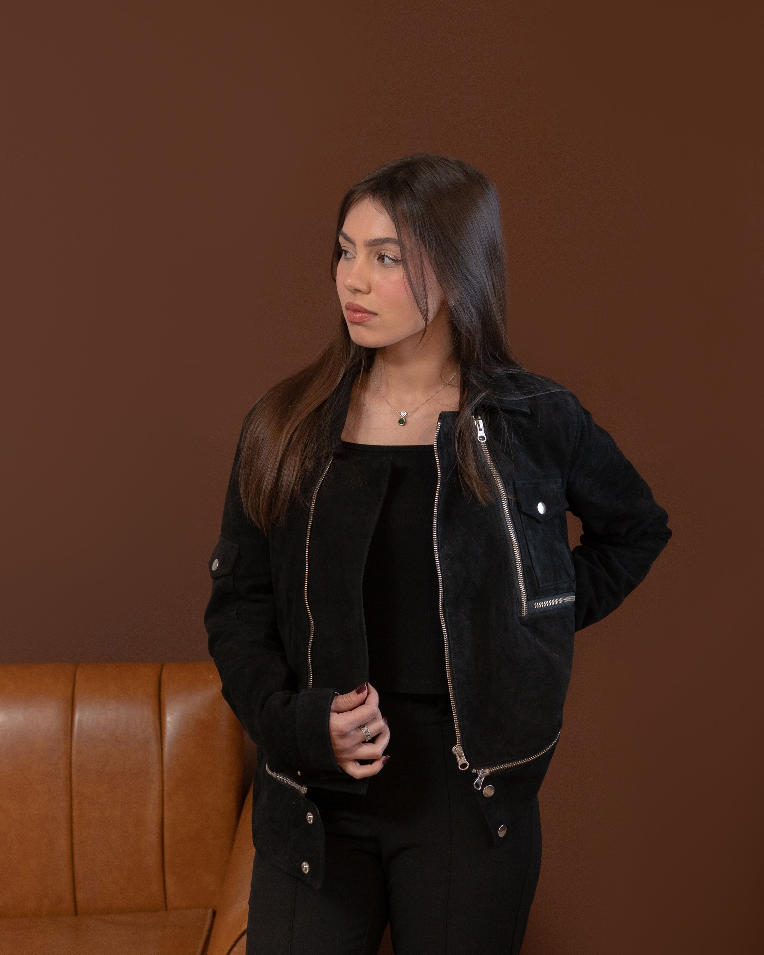 Crew Neck Leather Jacket